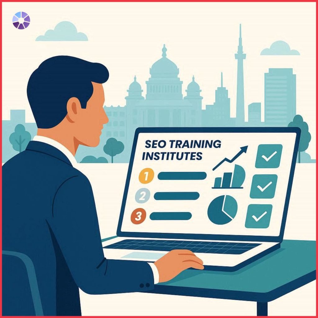 Comparison of top SEO training institutes in Bangalore showing analytics dashboard and career growth concept