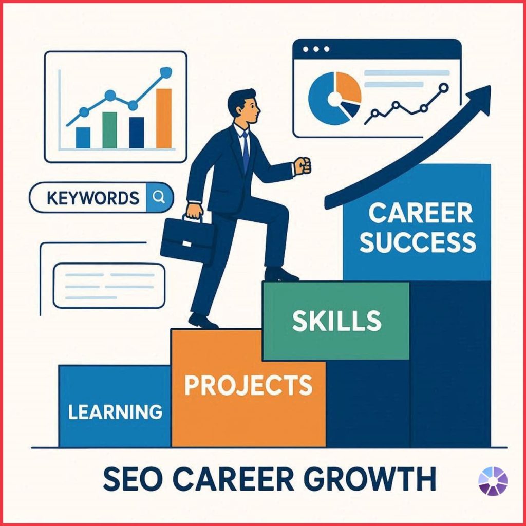 Illustration of structured SEO career path showing learning, practical skills, project experience and professional growth stages.