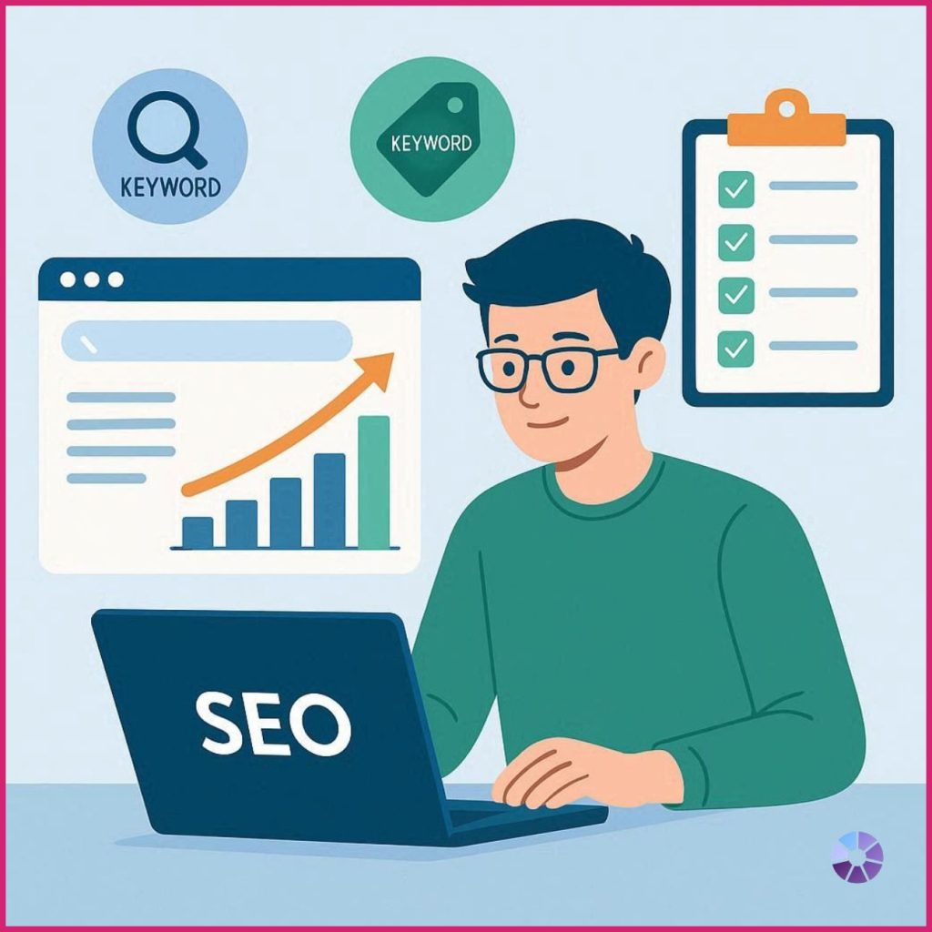 Flat vector illustration of a student learning SEO with laptop, keyword research icons, analytics dashboard, and rising organic traffic graph in blue, green, and orange colors.