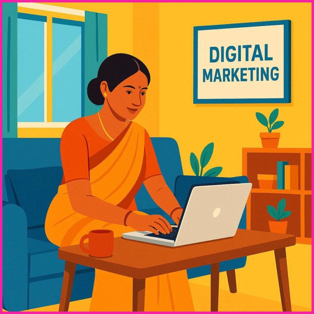 Flat vector illustration of an Indian housewife working on a laptop from home, learning digital marketing online, modern home setting, bright colors, professional and motivational theme