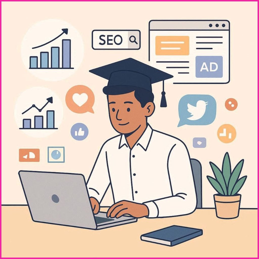 BSc graduate learning digital marketing on laptop with SEO and social media icons in flat vector illustration style