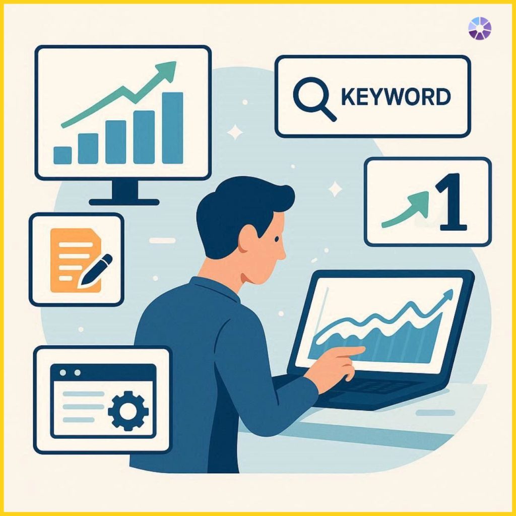 Flat vector illustration showing SEO career growth with a professional analyzing website analytics, keyword research, and search ranking performance using digital marketing tools.