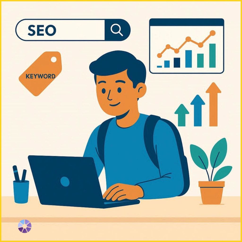 Student learning SEO-focused digital marketing course online in Patna with analytics and keyword growth illustration