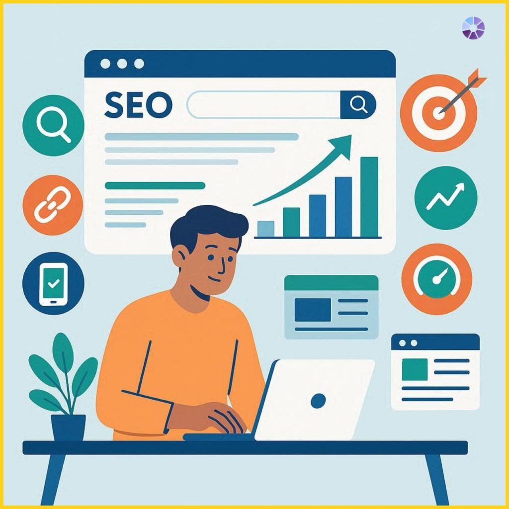 Flat vector illustration showing SEO strategy for small businesses including keyword research, website optimization, analytics growth charts, and search engine ranking improvements.