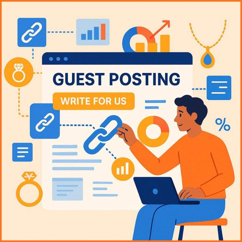 image of Flat vector illustration of a digital marketer building backlinks for a jewelry ecommerce website. The screen shows “guest posting”, “write for us”, and SEO metrics. Include jewelry elements like rings and necklaces blending with digital icons like links, charts, and content blocks. Bright colors, clean UI style, modern SEO concept illustration.