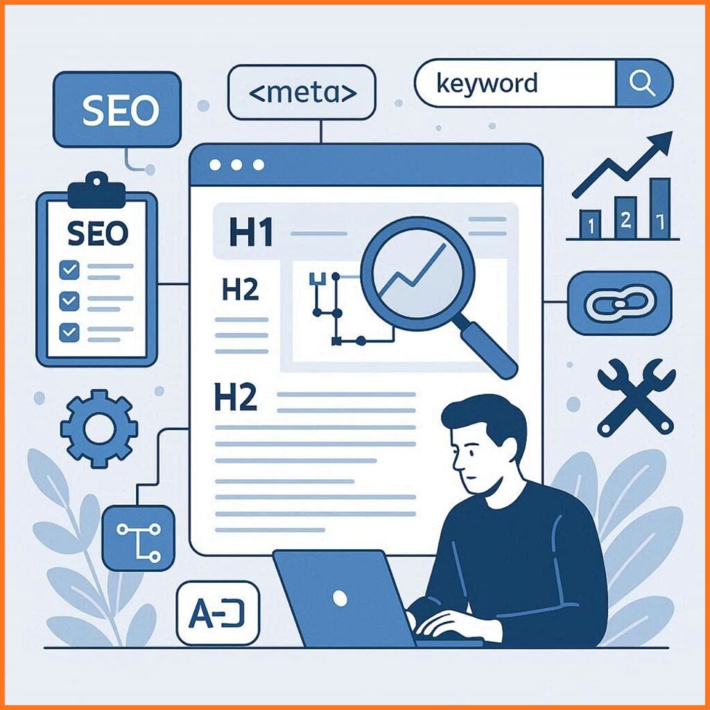 Flat vector illustration of on-page SEO optimization showing website structure, keyword placement, and search ranking improvements