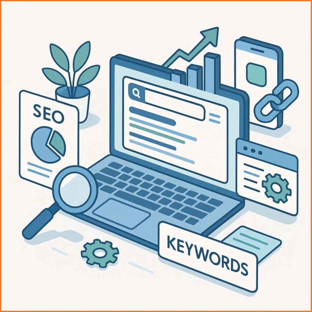 Flat vector illustration showing SEO optimization process with analytics dashboard, keyword research, and website ranking improvements