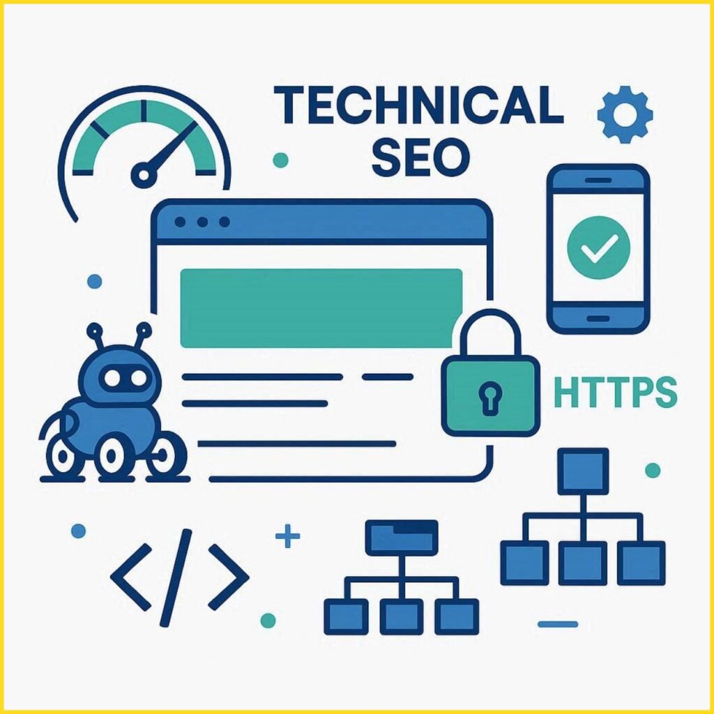 Illustration of technical SEO elements including website speed, crawling, indexing, mobile optimization, and site structure