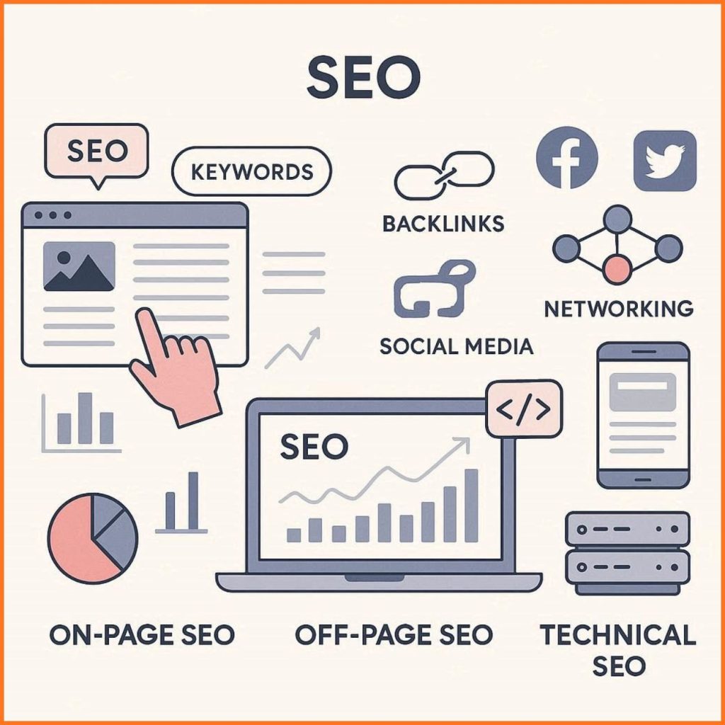 Flat vector illustration showing three types of SEO including on-page optimization, off-page backlinks, and technical SEO performance improvements