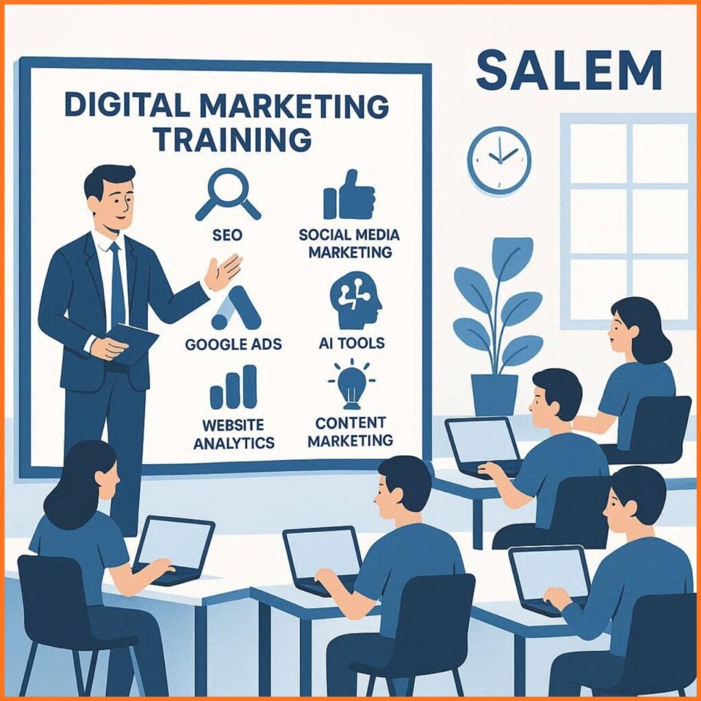 Students attending online digital marketing course training in Salem with SEO, social media marketing, Google Ads, and website optimization learning concepts.