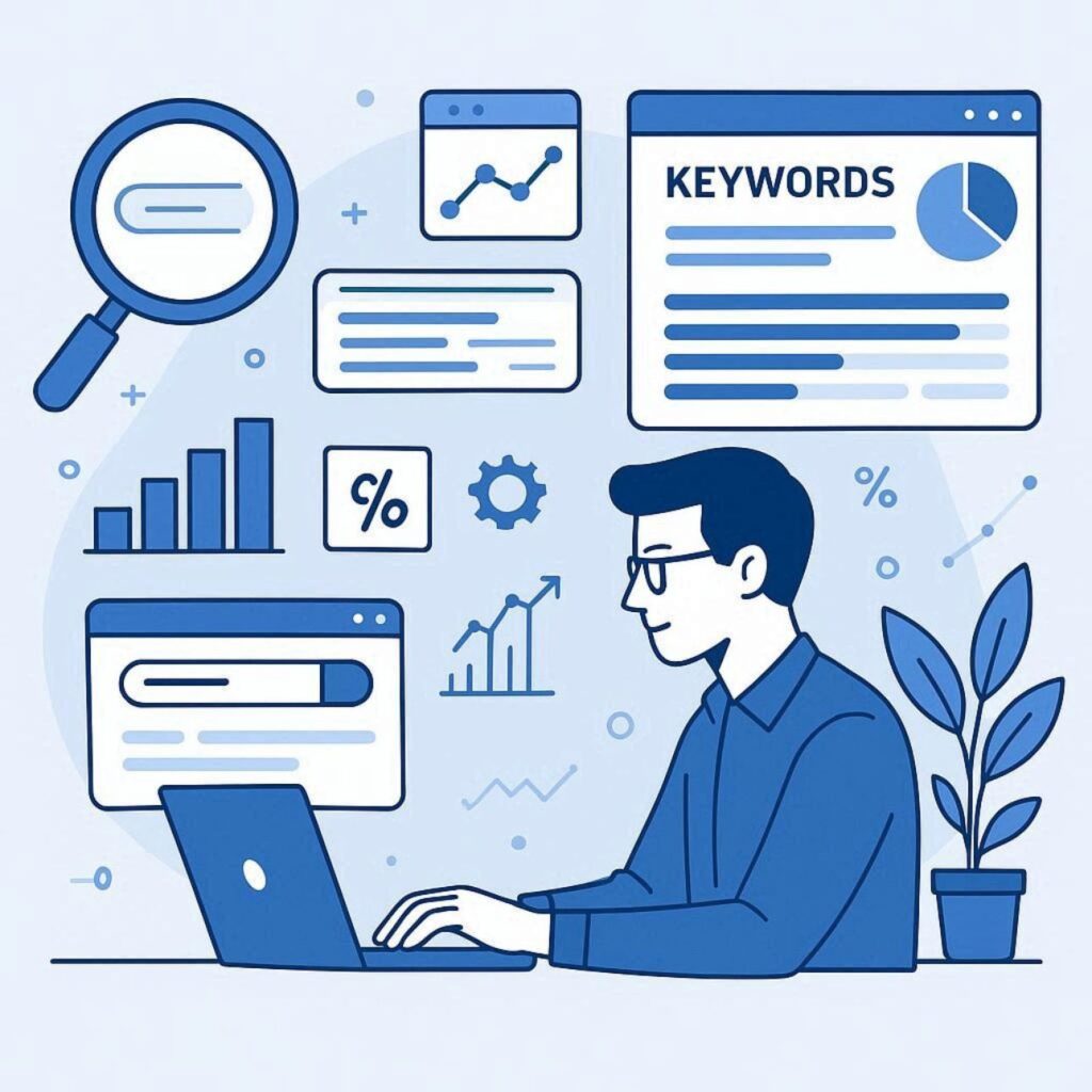 SEO specialist researching keywords using analytics tools, search trends, and ranking data for website optimization.