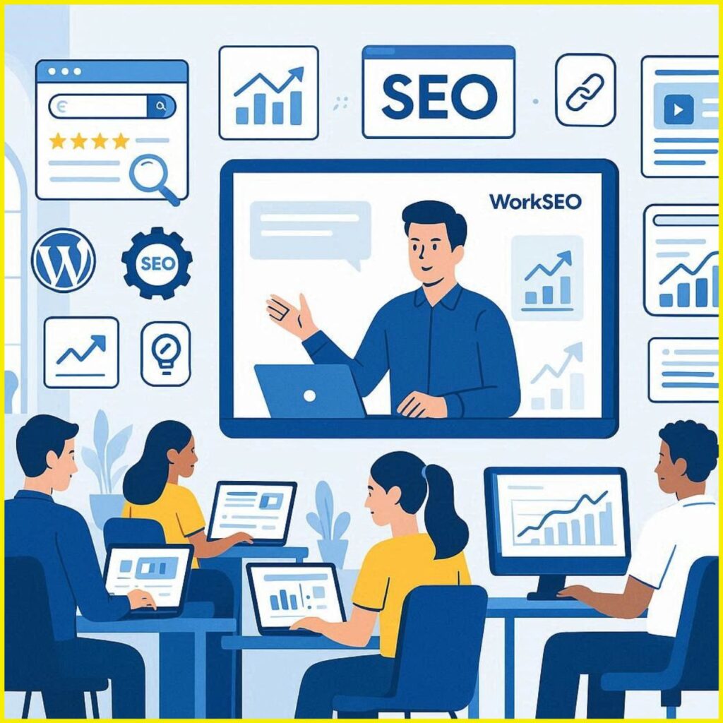 Flat vector illustration of students learning SEO online with laptops, Google ranking charts, keyword research tools, analytics dashboard, website optimization, and digital marketing elements for WorkSEO Hyderabad training course.