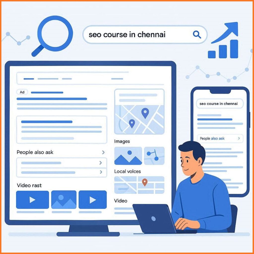 Flat vector illustration of a Google search engine results page (SERP) showing organic results, ads, featured snippets, local pack, images, and videos with an SEO expert analyzing rankings on a laptop.