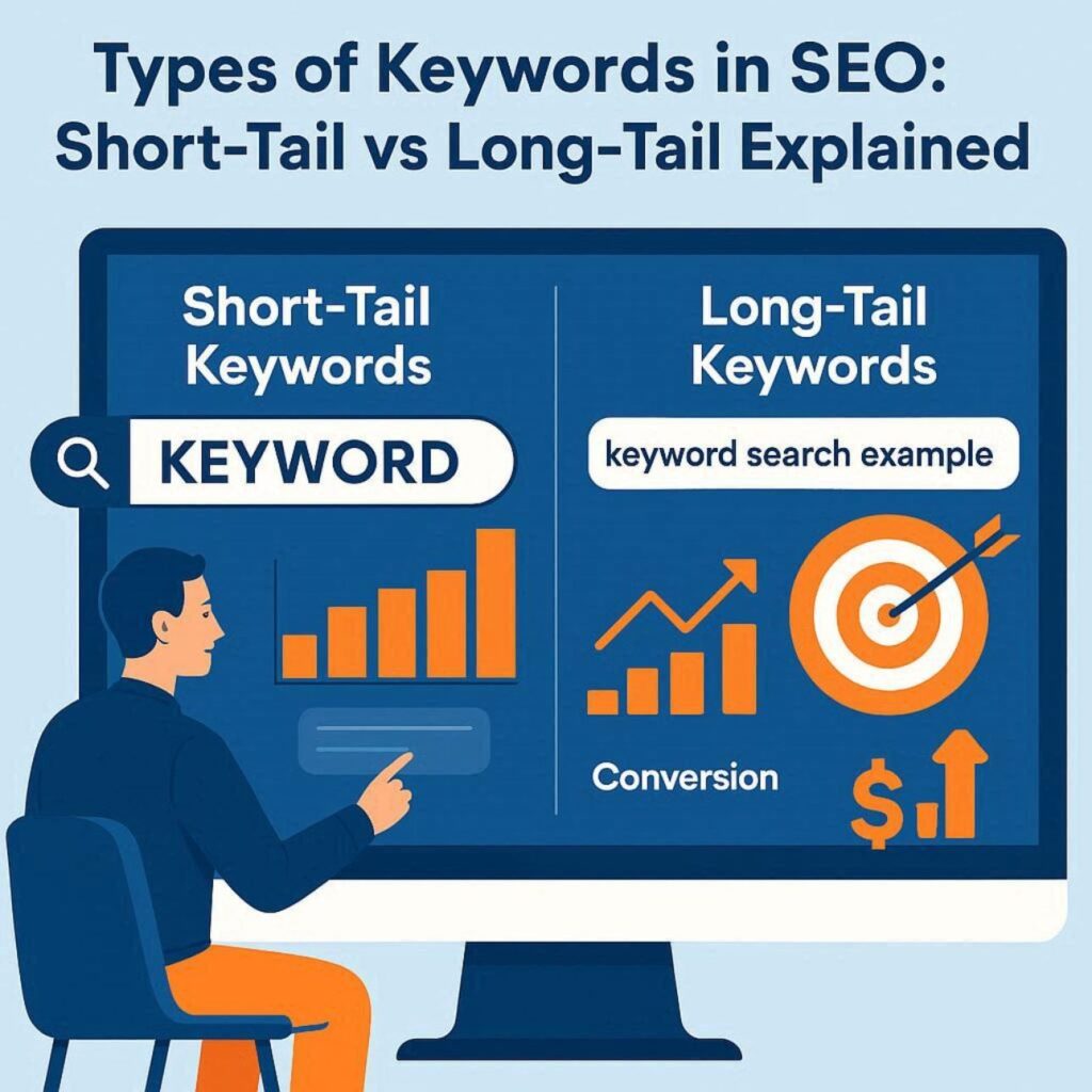 Flat vector illustration comparing short-tail keywords and long-tail keywords in SEO with keyword research, search volume analysis, rankings, and conversion optimization in blue and orange colors.