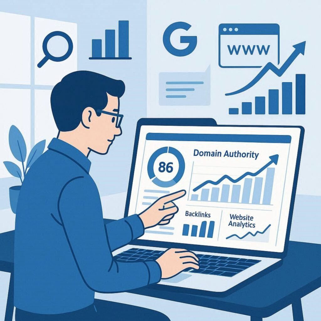 SEO expert improving website Domain Authority using backlinks, analytics, and content optimization strategies.