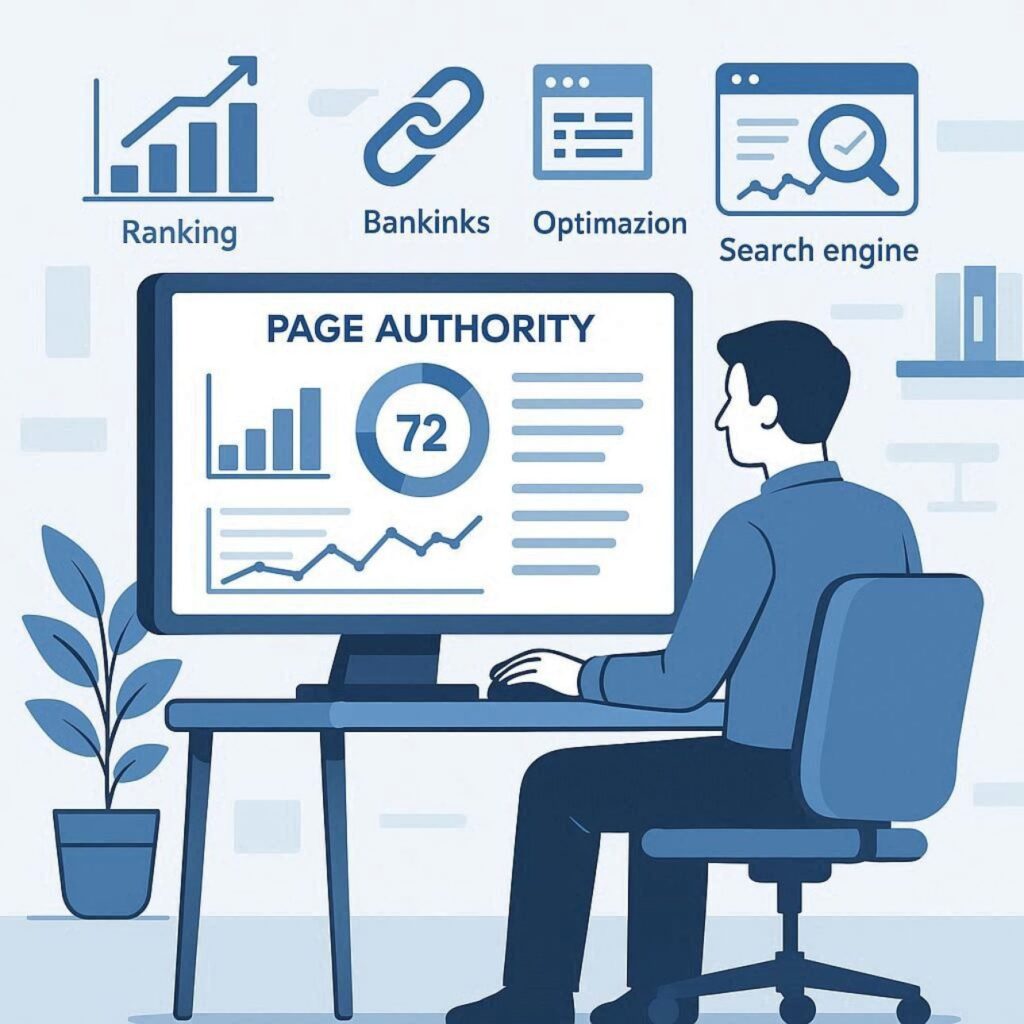 SEO professional improving webpage Page Authority using backlinks, content optimization, and analytics tools.