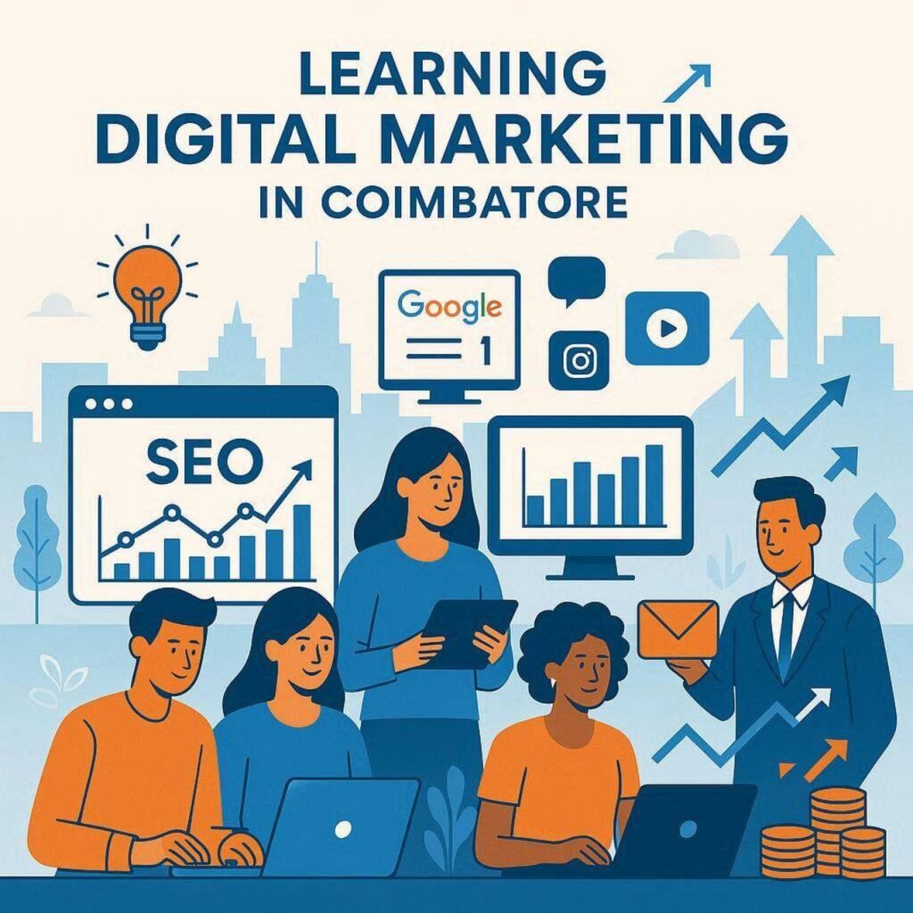 Flat vector illustration showing digital marketing students in Coimbatore learning SEO, social media, content marketing, and analytics using laptops in blue and orange colors.
