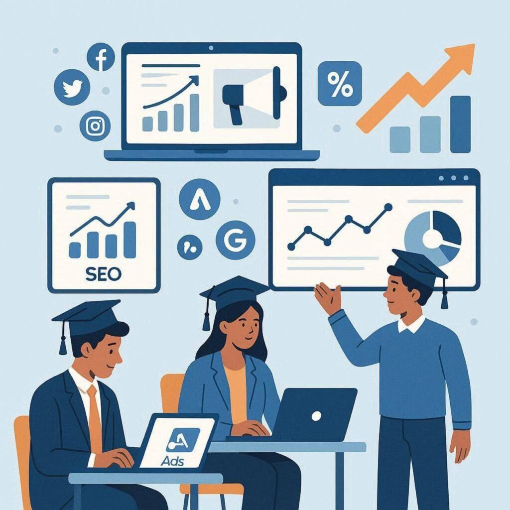 Flat vector illustration of graduates learning digital marketing including SEO, social media marketing, Google Ads, analytics, and online career opportunities in blue and orange colors.