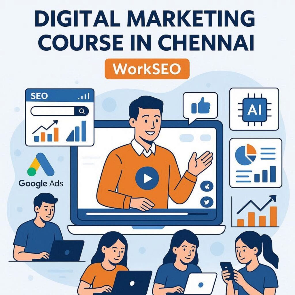Flat vector illustration of Digital Marketing Course in Chennai featuring SEO training, Google Ads, social media marketing, analytics, and online learning.