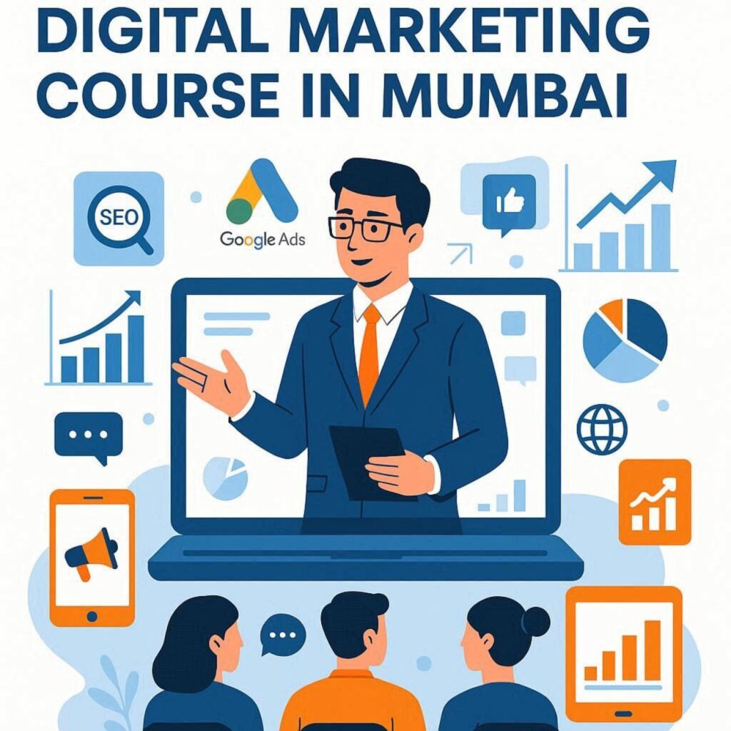 Professional flat vector illustration of Digital Marketing Course in Mumbai featuring online training, SEO, social media marketing, Google Ads, and analytics.