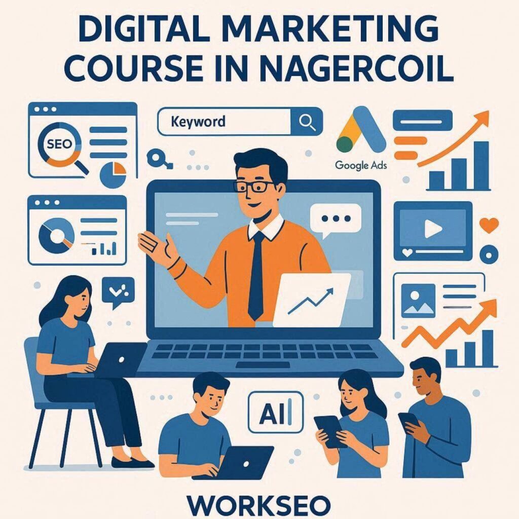 Flat vector illustration of Digital Marketing Course in Nagercoil featuring SEO training, Google Ads, social media marketing, analytics, AI tools, and online learning.