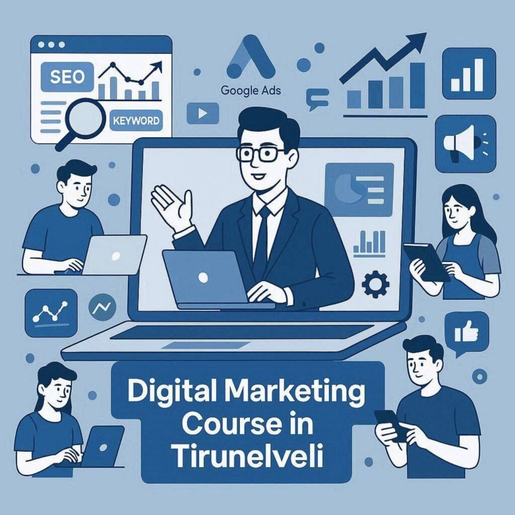 Flat vector illustration of Digital Marketing Course in tirunelveli featuring SEO training, Google Ads, social media marketing, analytics, AI tools, and online learning.
