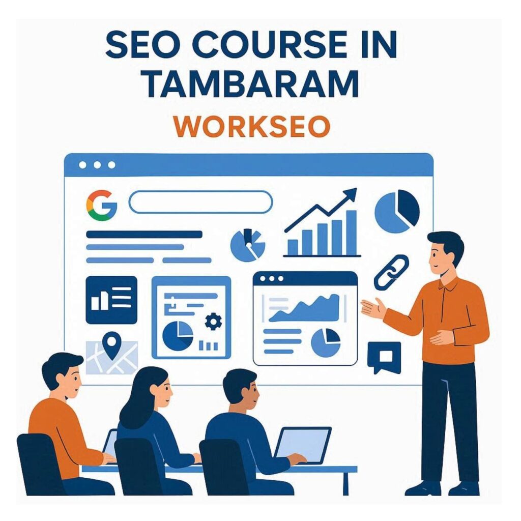 Flat vector illustration of students learning SEO in Tambaram with laptops, Google search rankings, keyword research, analytics dashboards, website optimization, and digital marketing elements in blue and orange colors.