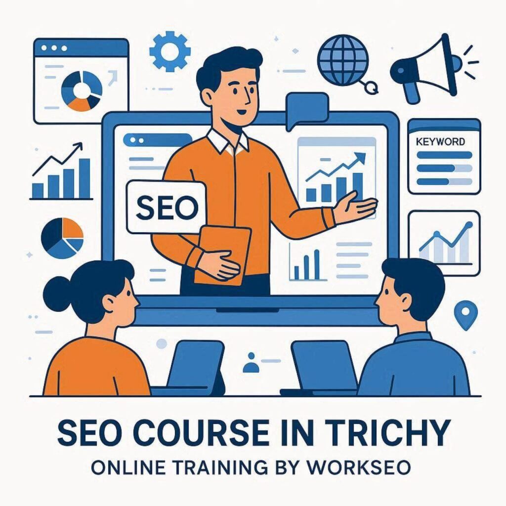 SEO Course in Trichy online training by WorkSEO featuring keyword research, search rankings, analytics, and digital marketing learning.