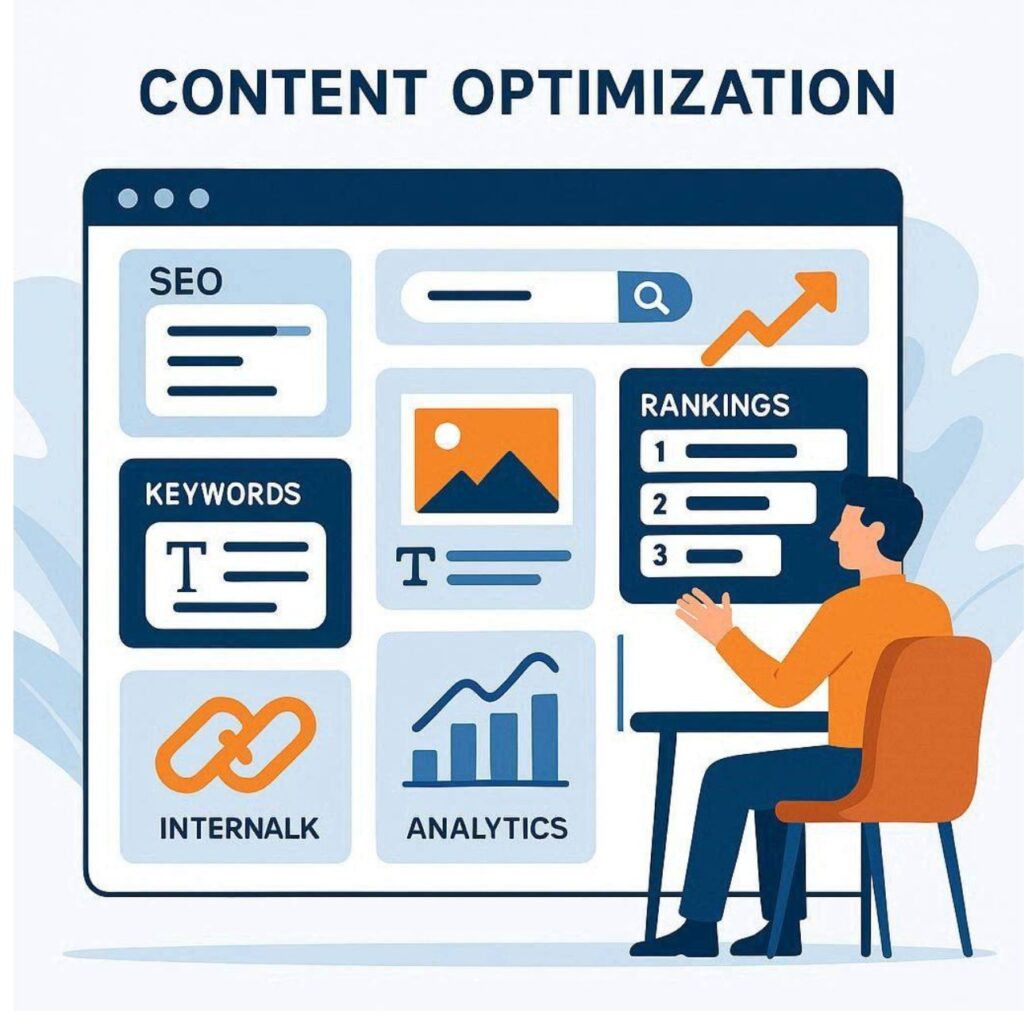 Flat vector illustration of content optimization showing SEO analysis, keyword research, content improvement, rankings, and website performance growth.