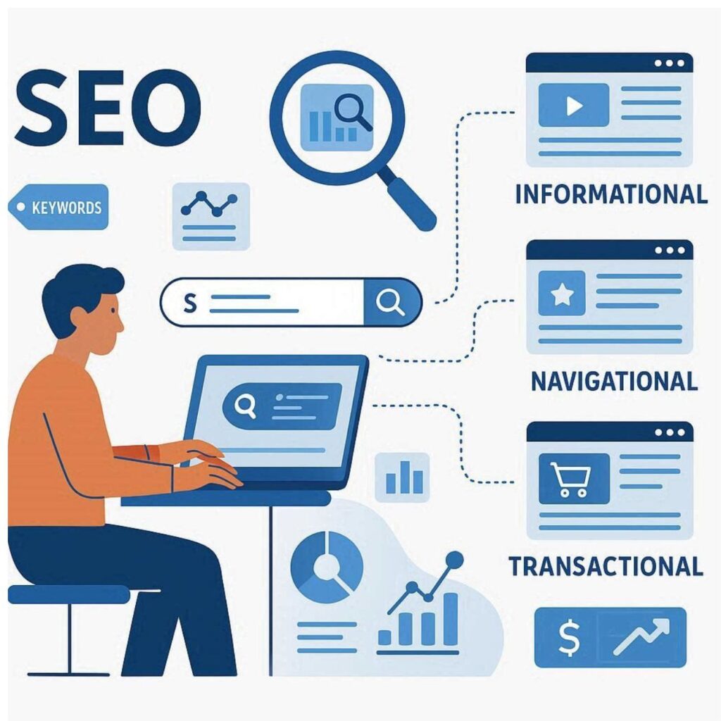 Flat vector illustration showing search intent types in SEO including informational, navigational, commercial, and transactional searches.