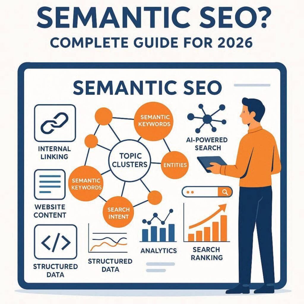 Flat vector illustration showing Semantic SEO concepts including topic clusters, search intent, entities, knowledge graph connections, and content optimization in blue and orange colors.