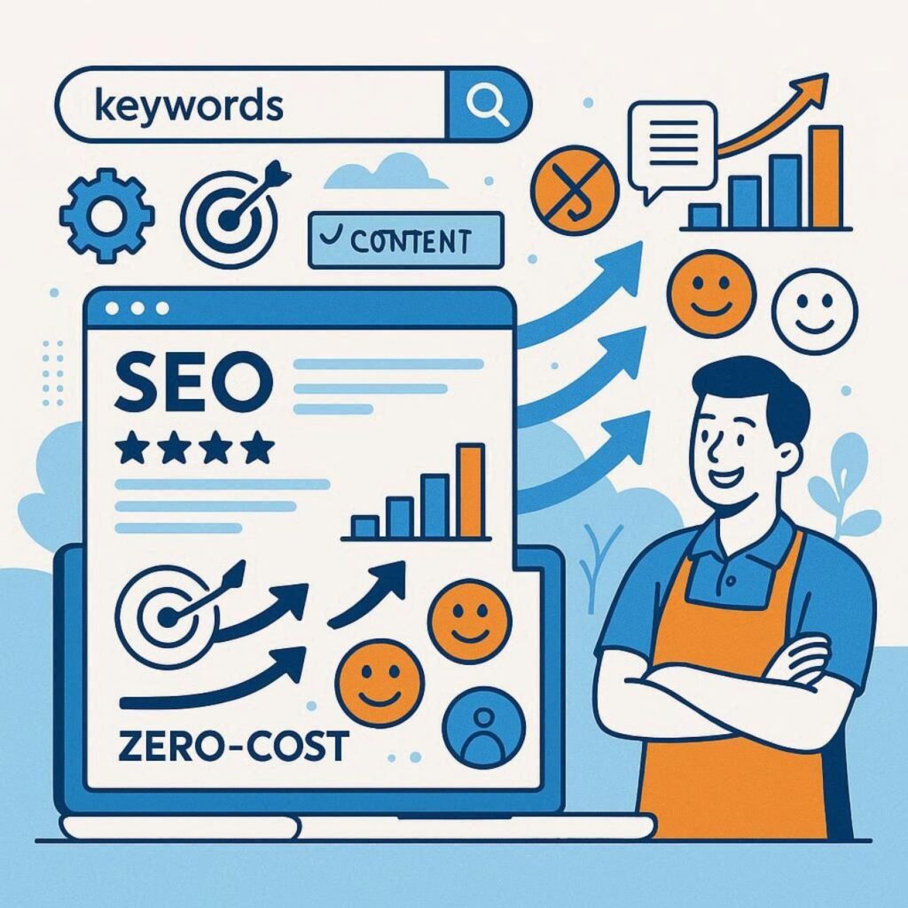 Flat vector illustration showing SEO-driven zero rupee marketing strategy with organic website traffic, search rankings, and customer growth without paid advertising.